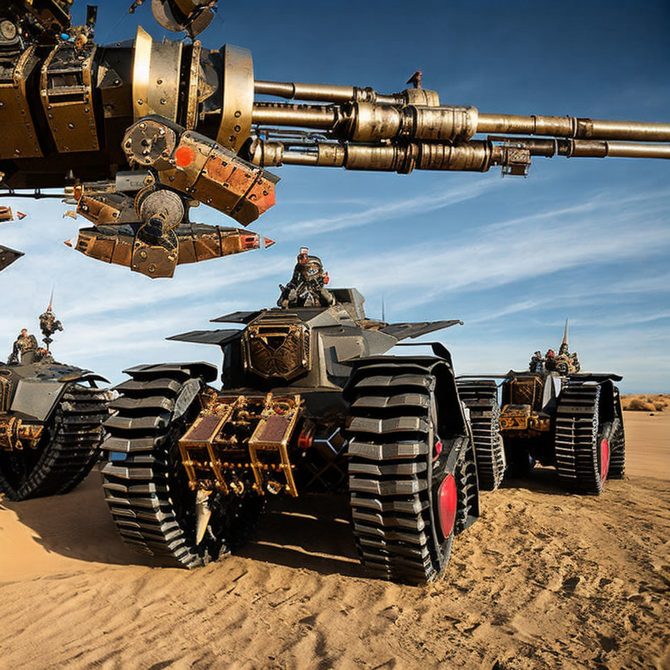 Armored tanks with large cannons in futuristic desert scene