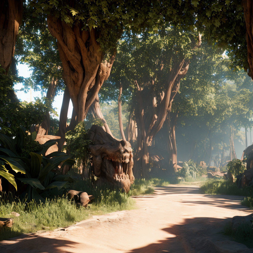 Tranquil Forest Path with Lush Greenery and Old Trees