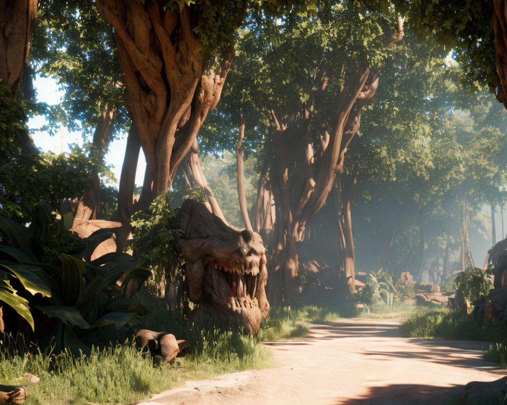 Tranquil Forest Path with Lush Greenery and Old Trees