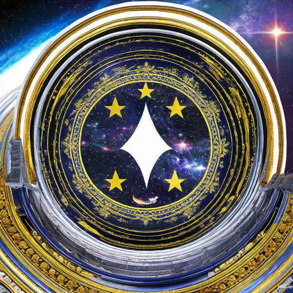 Circular Sci-Fi Emblem with Star Symbol & Golden Patterns