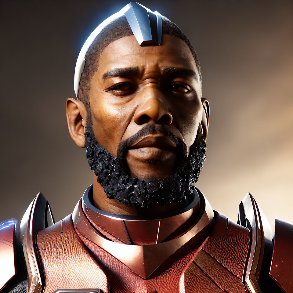 Bearded man in futuristic armor with glowing blue headpiece on amber background