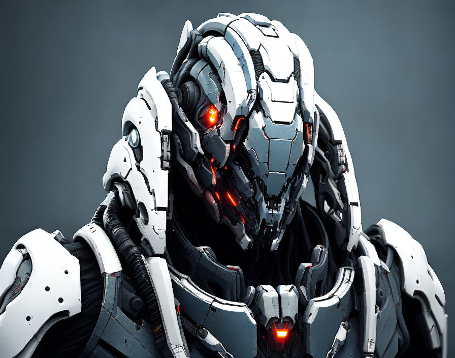 Detailed White Armored Robot with Glowing Red Eyes