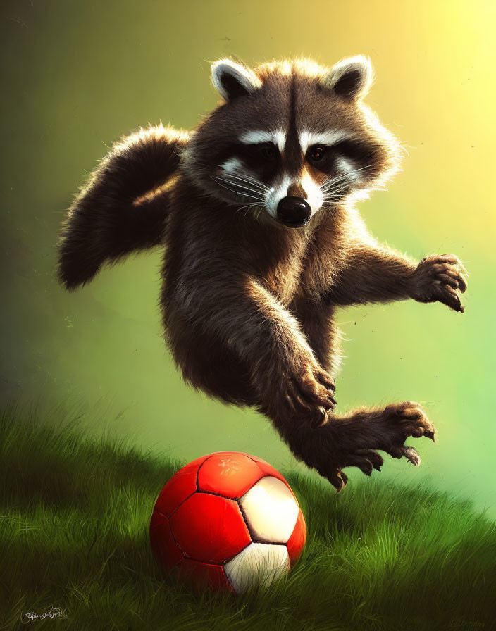 Realistic raccoon digital artwork playing soccer on grassy field