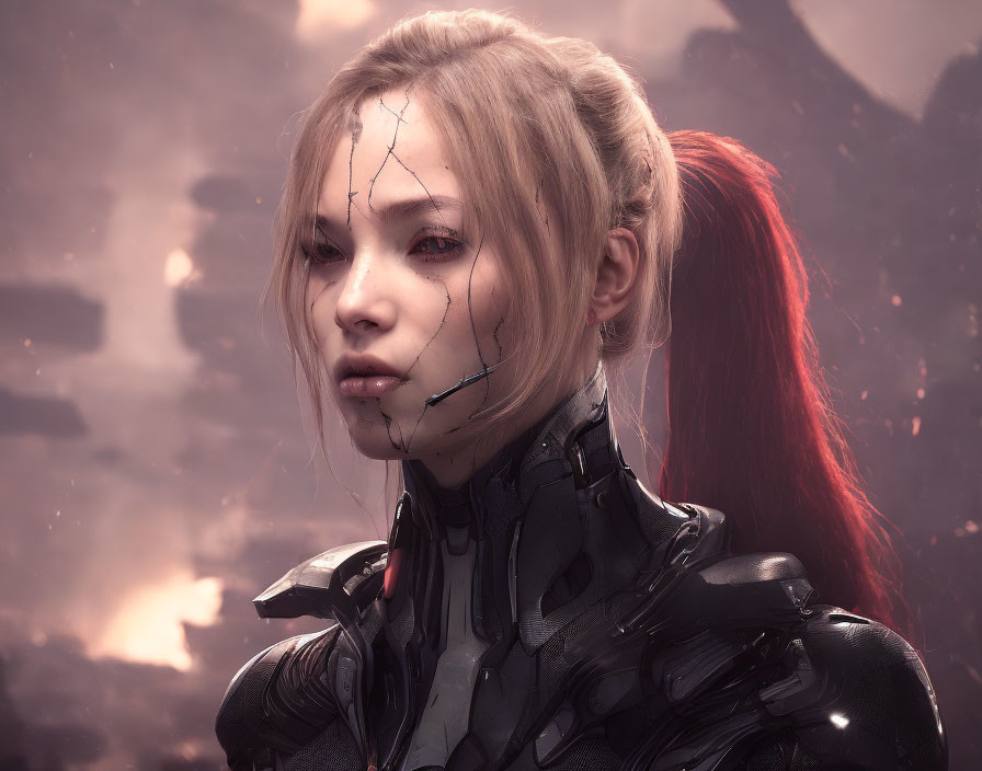 Female cyborg with cracked porcelain face and red ponytail in futuristic armor against dystopian backdrop