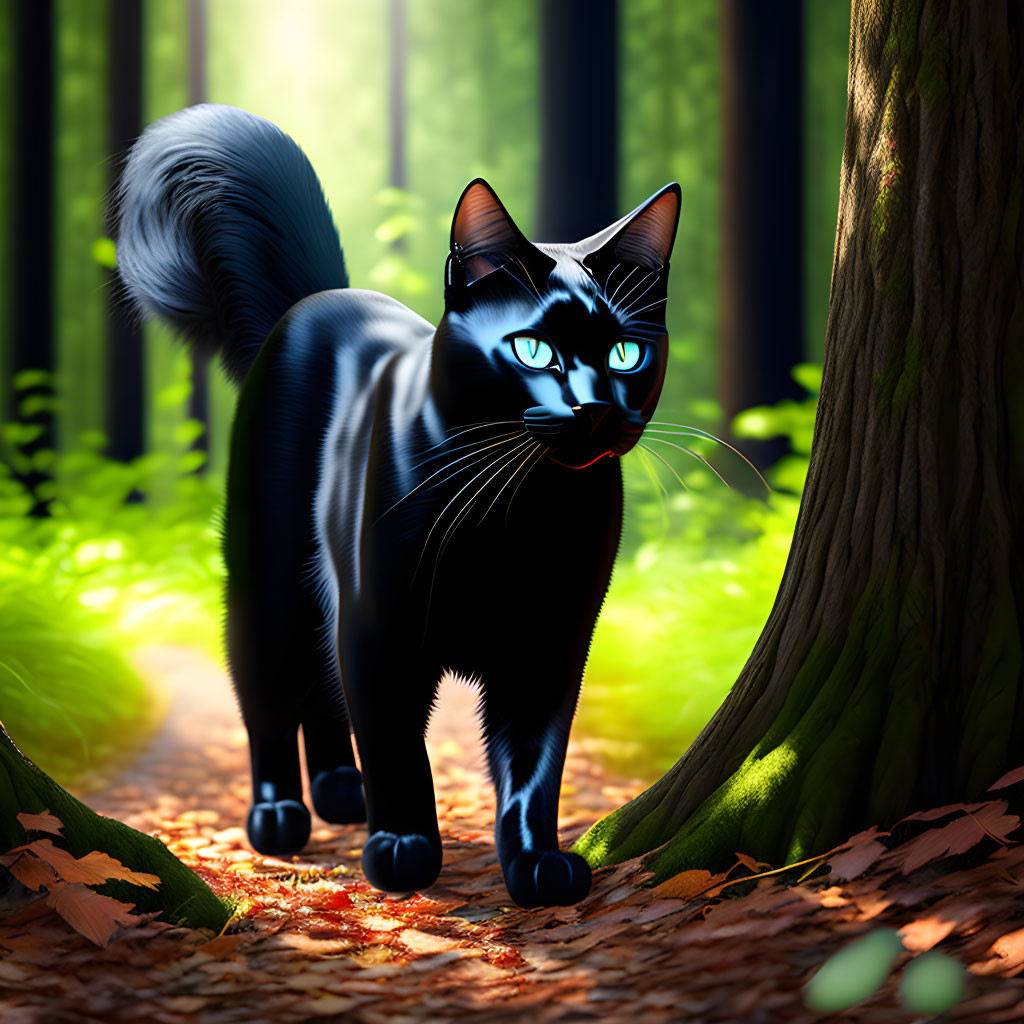 Black Cat with Blue Eyes on Forest Path in Sunlight