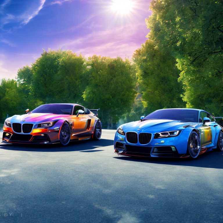 Vibrant BMW sports cars with custom paintwork parked on sunlit road