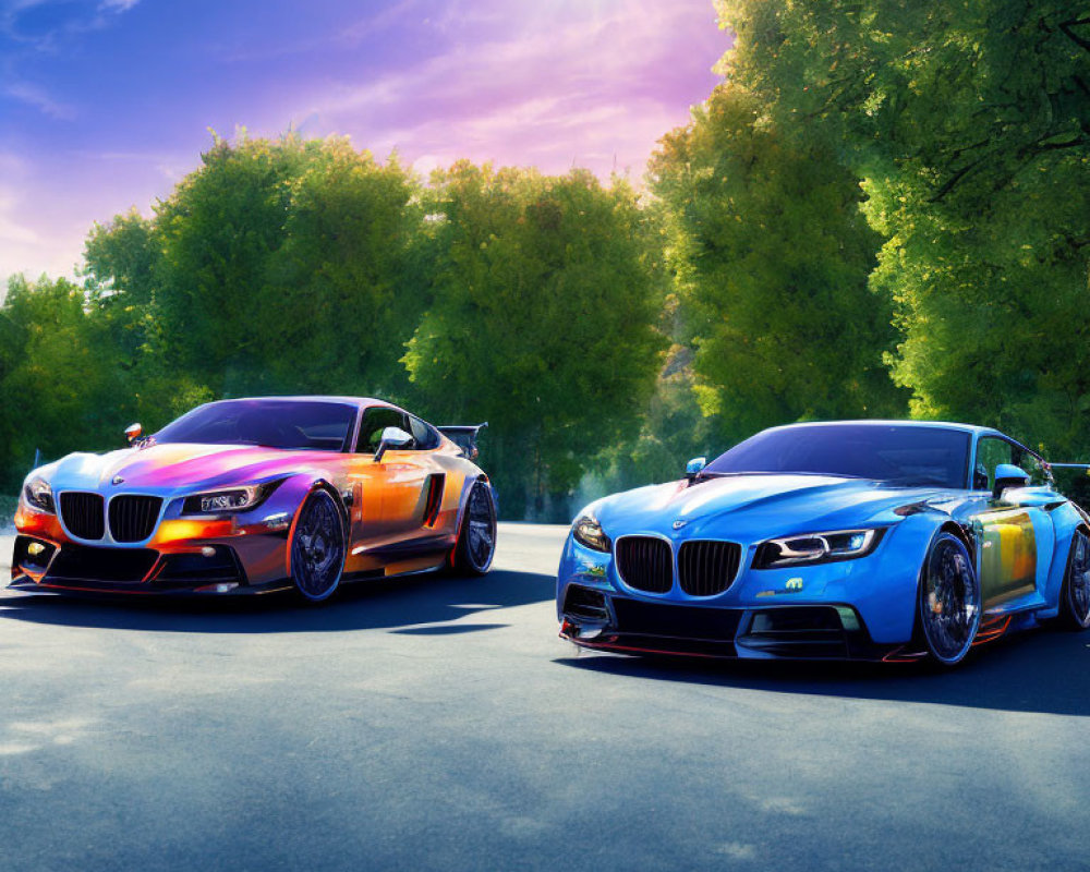 Vibrant BMW sports cars with custom paintwork parked on sunlit road