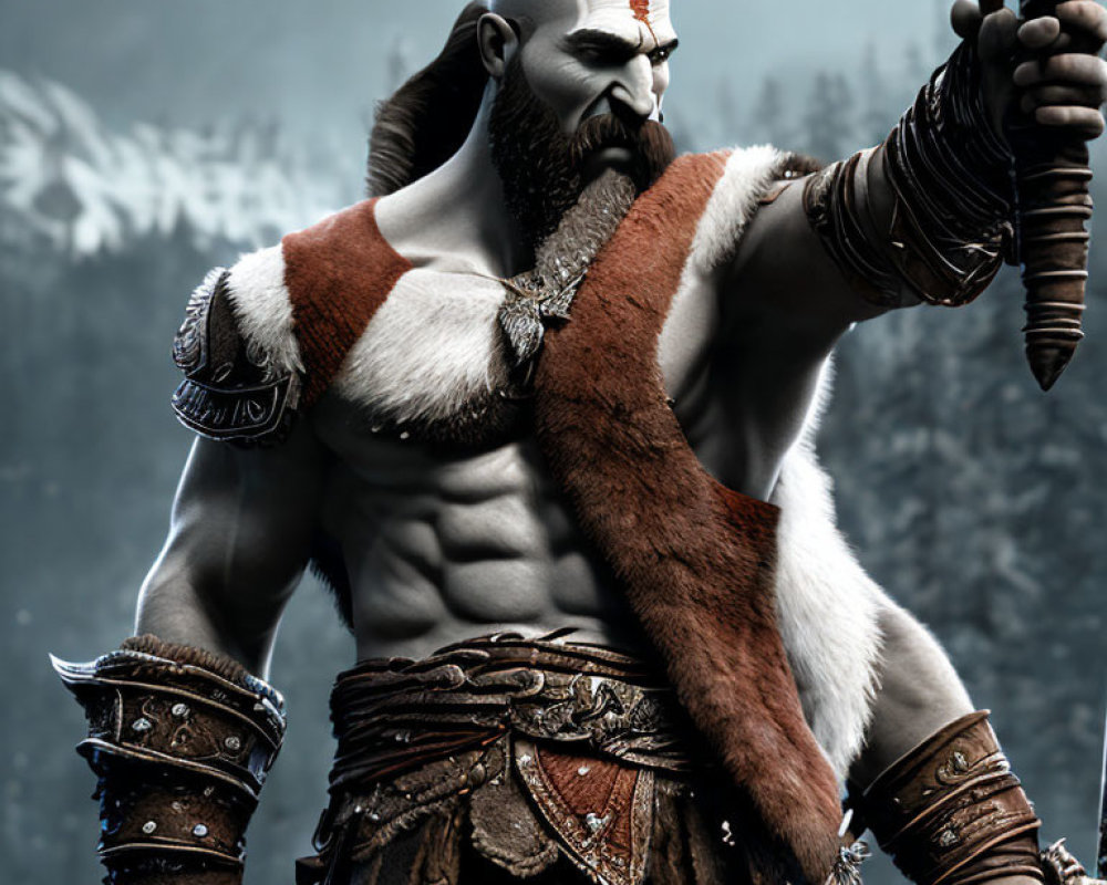 Bald muscular warrior with red facial markings and bow