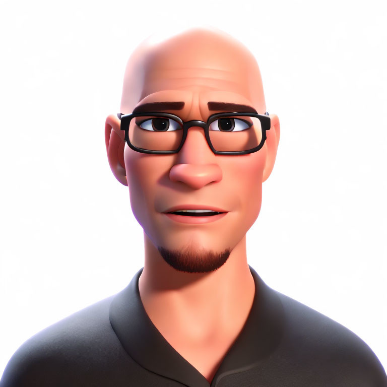 Bald Male Character in Black Glasses Smiling on Gradient Background