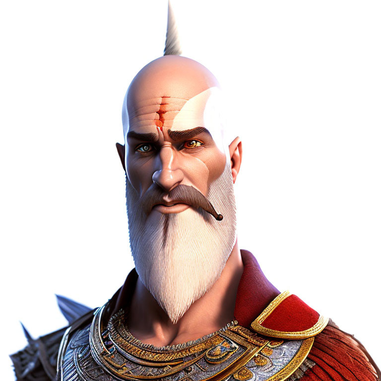 Detailed 3D illustration of a stern-faced man in ancient armor