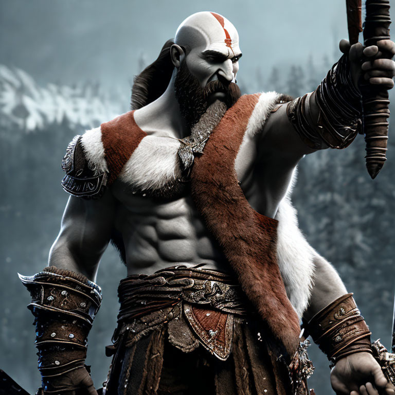 Bald muscular warrior with red facial markings and bow
