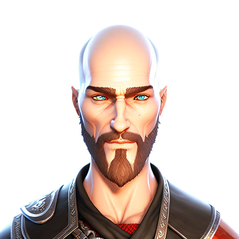 Bearded Bald Character in Red Face Paint with Blue Eyes in Armor