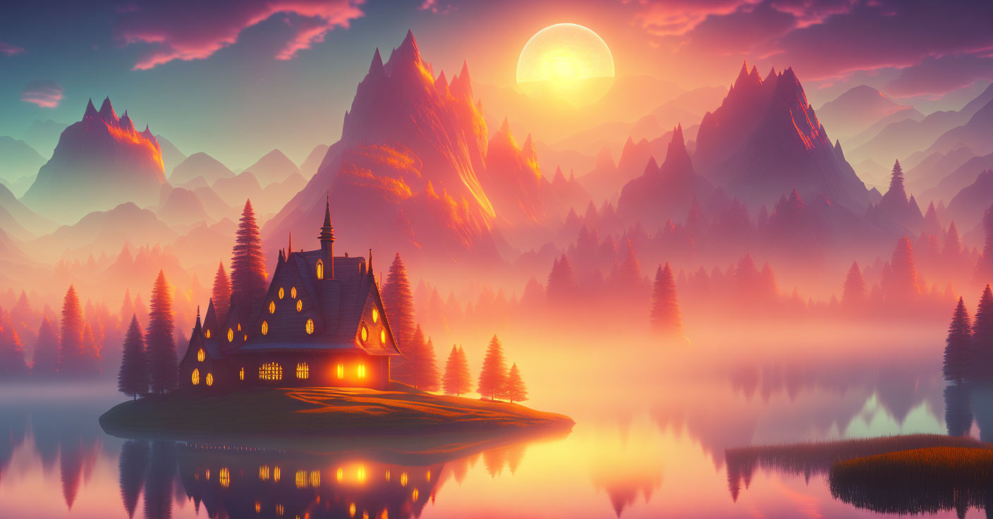 Glowing house on islet in misty lake under sunset sky