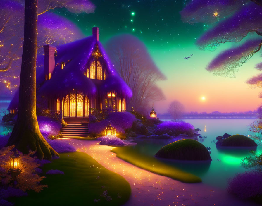 Enchanting Cottage with Purple Lights by Tranquil Lake