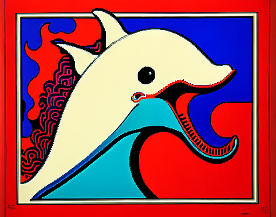 Vibrant Pop-Art Dolphin Illustration on Red Background