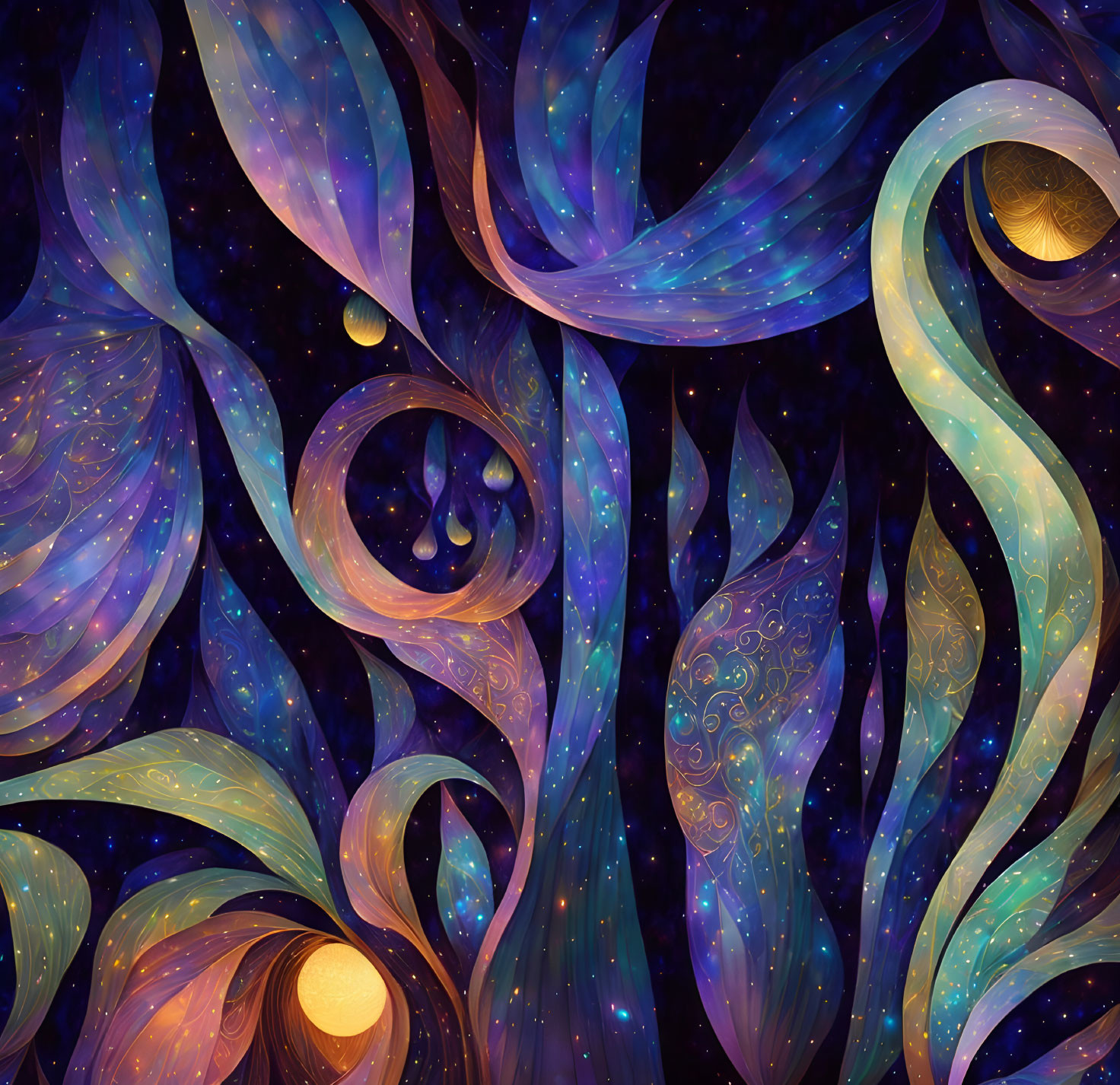 Colorful digital artwork: Swirling cosmic patterns, stars, blue and purple hues, golden celestial orbs