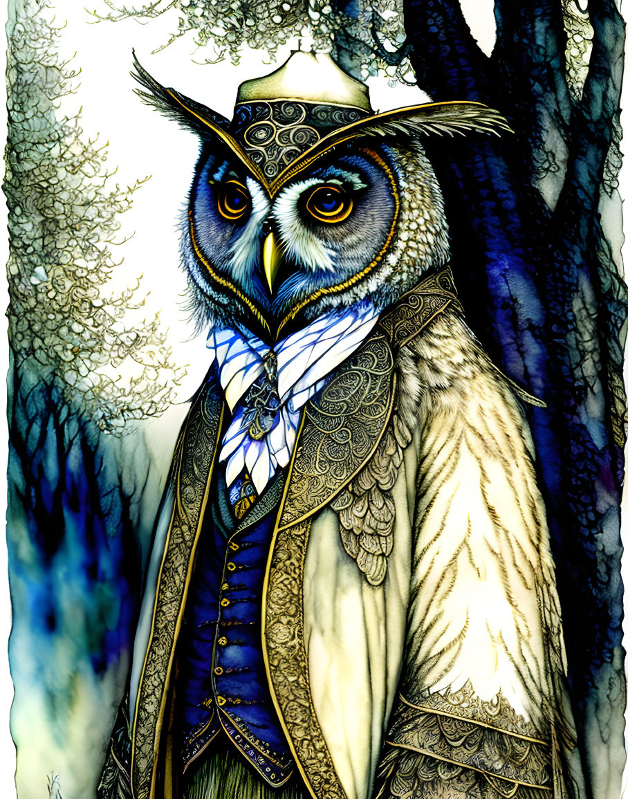 Humanoid owl in Victorian attire with yellow eyes in forest