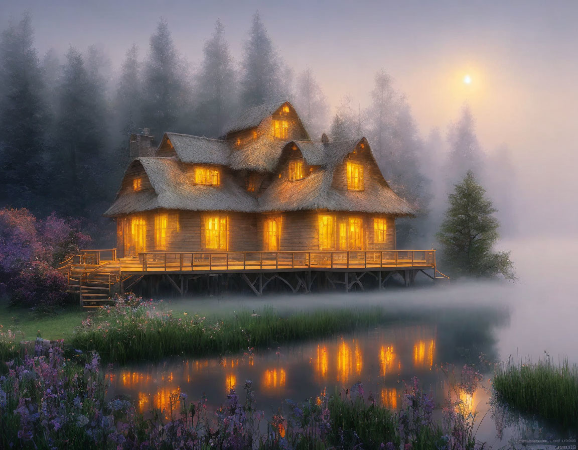 Thatched-roof cottage by misty lake at dusk