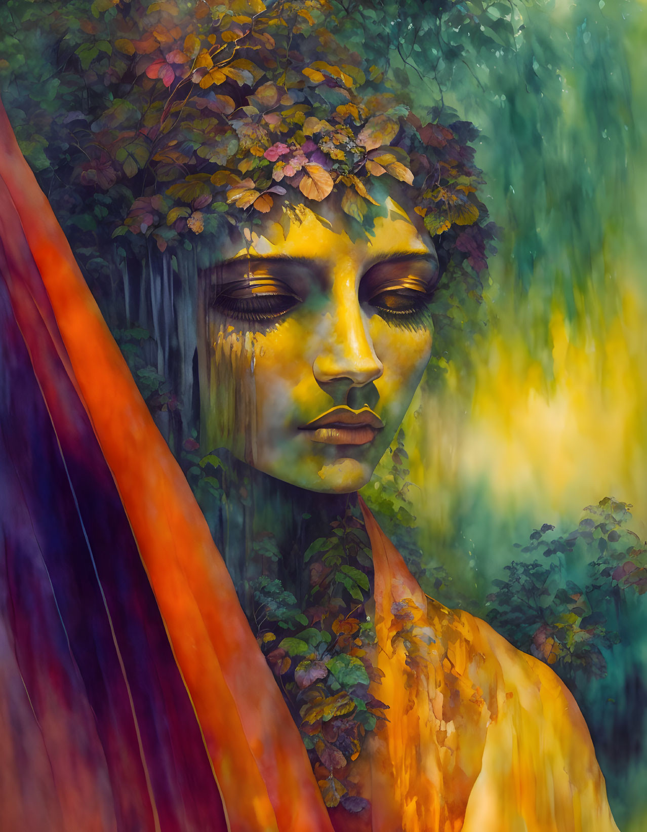 Colorful painting of face with leafy hair and closed eyes in nature backdrop