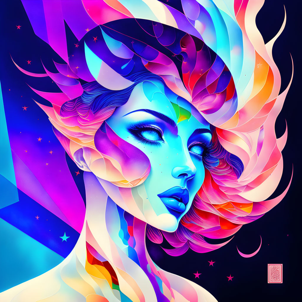 Colorful digital artwork: Blue-skinned woman with flowing hair in cosmic setting