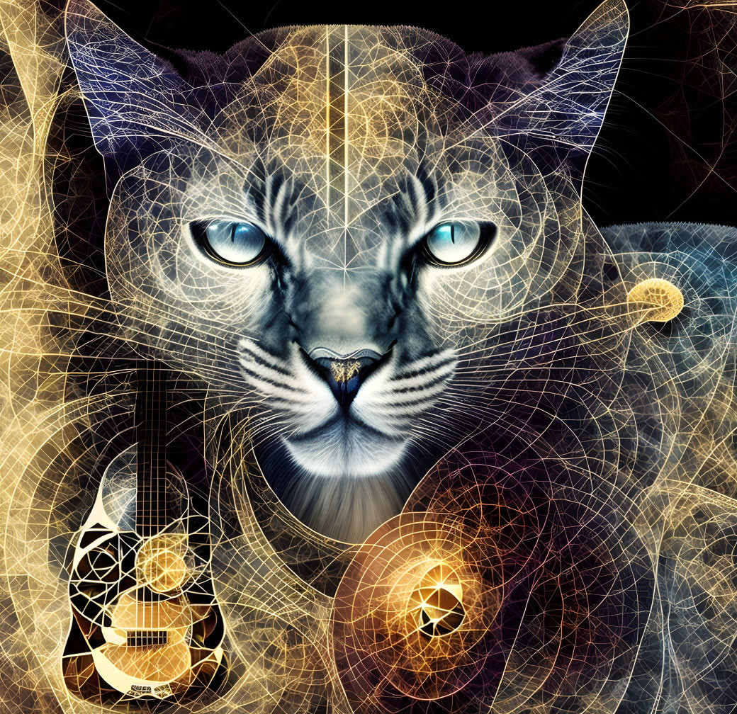 Geometric cat face art with guitar on cosmic background