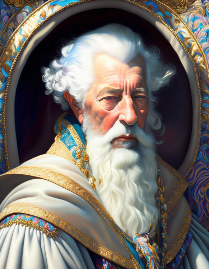 Elderly man in regal attire with white hair and beard