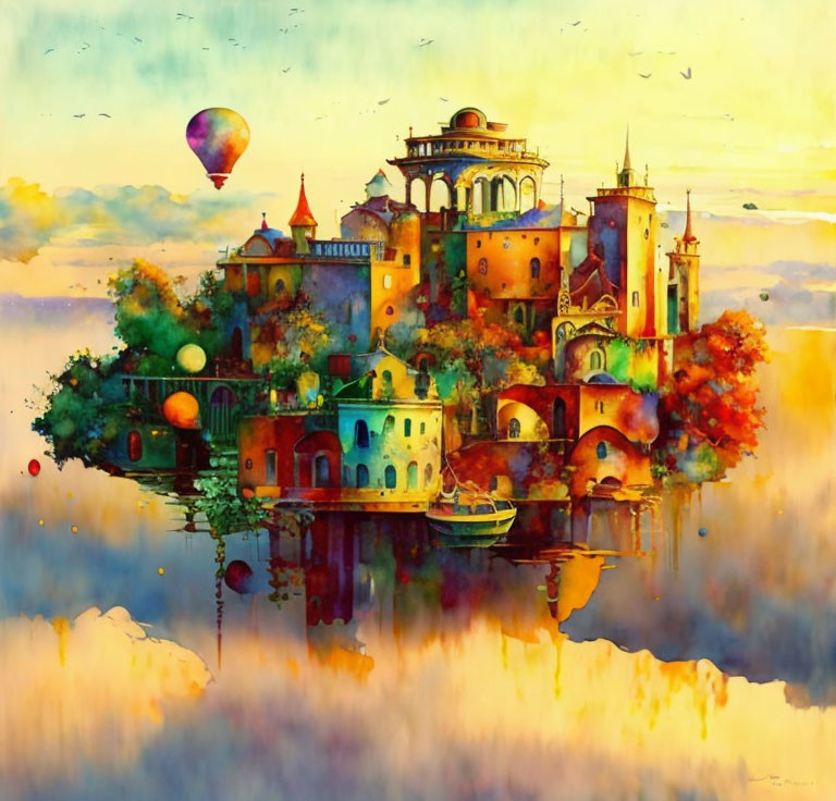 Colorful Floating City Reflecting in Water with Hot Air Balloon