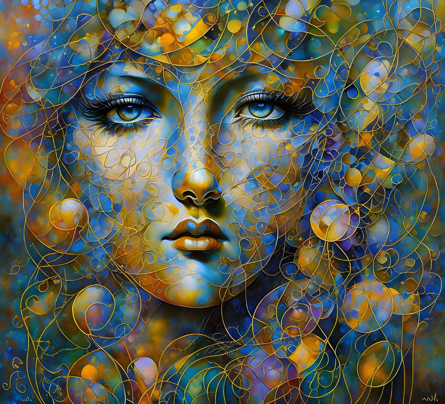 Colorful digital artwork: Woman's face with surreal patterns in blue, gold, and orange.