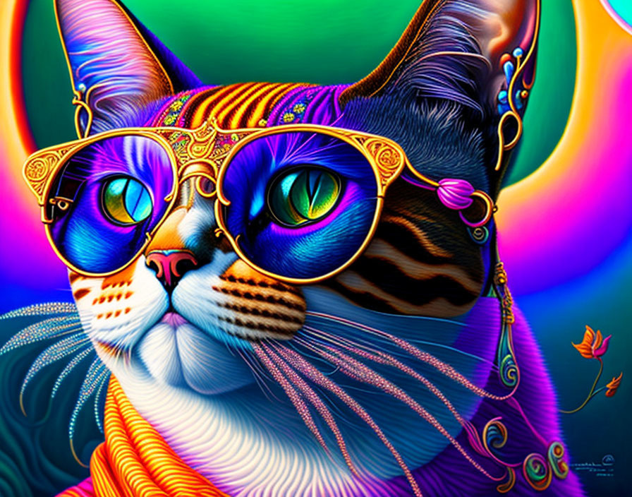 Colorful Cat Illustration with Glasses and Butterfly in Psychedelic Style