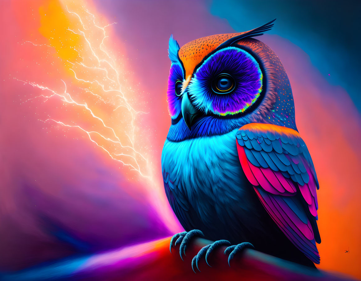 Colorful Stylized Owl Artwork with Lightning and Ethereal Swirls