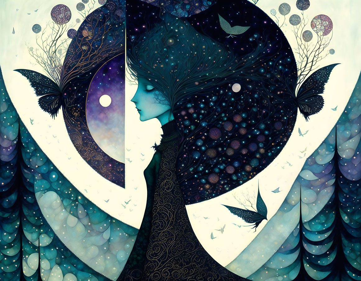 Surreal illustration: silhouetted profiles in cosmic nature motif