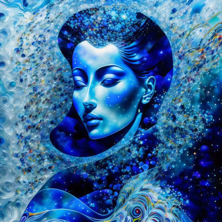 Blue-hued woman's face with celestial bodies in cosmic artwork.