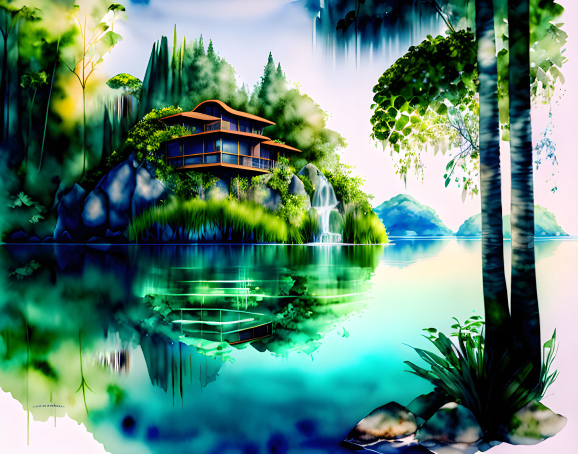 Tranquil digital artwork: House by forest lake