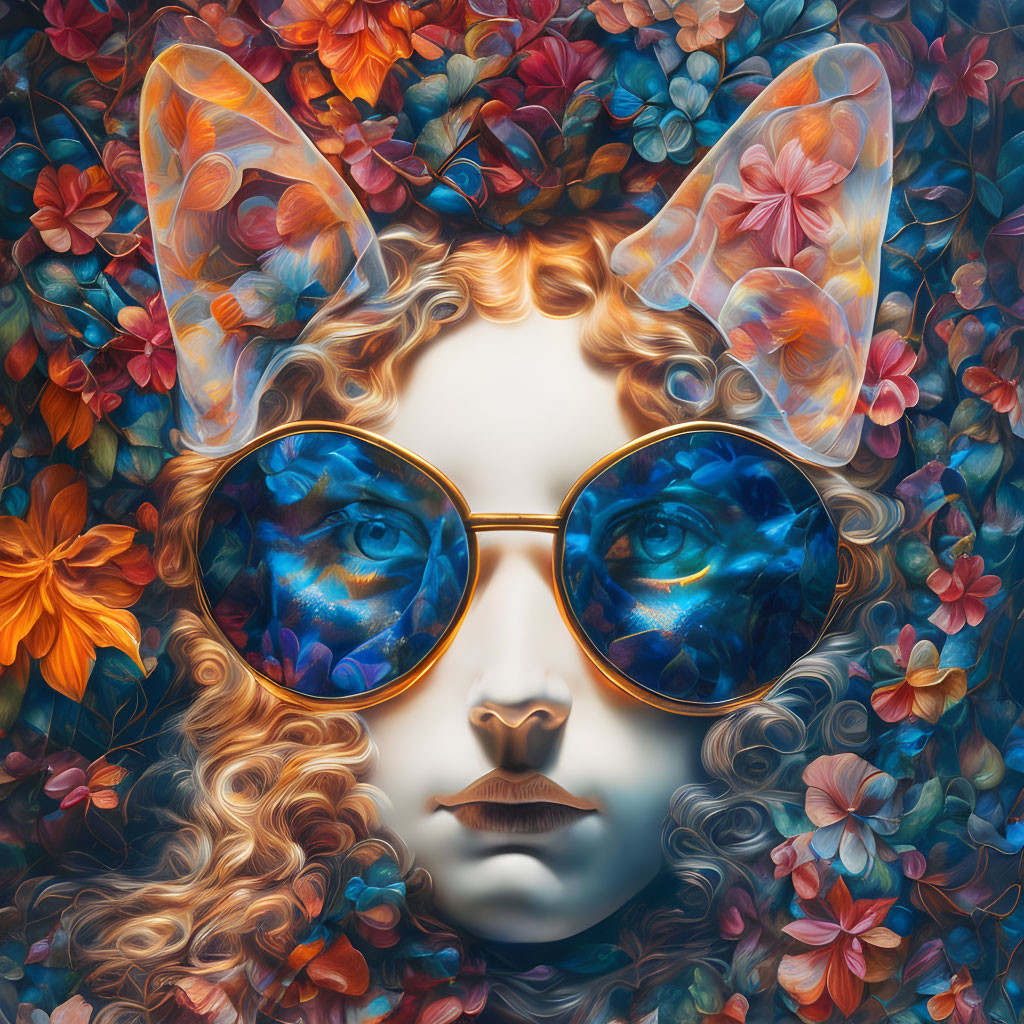 Colorful surreal portrait with curly hair and butterfly glasses