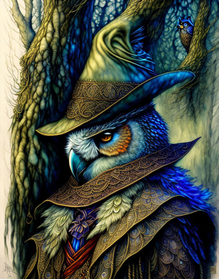 Illustration of owl with human-like features in cloak and hat, under tree with bird.