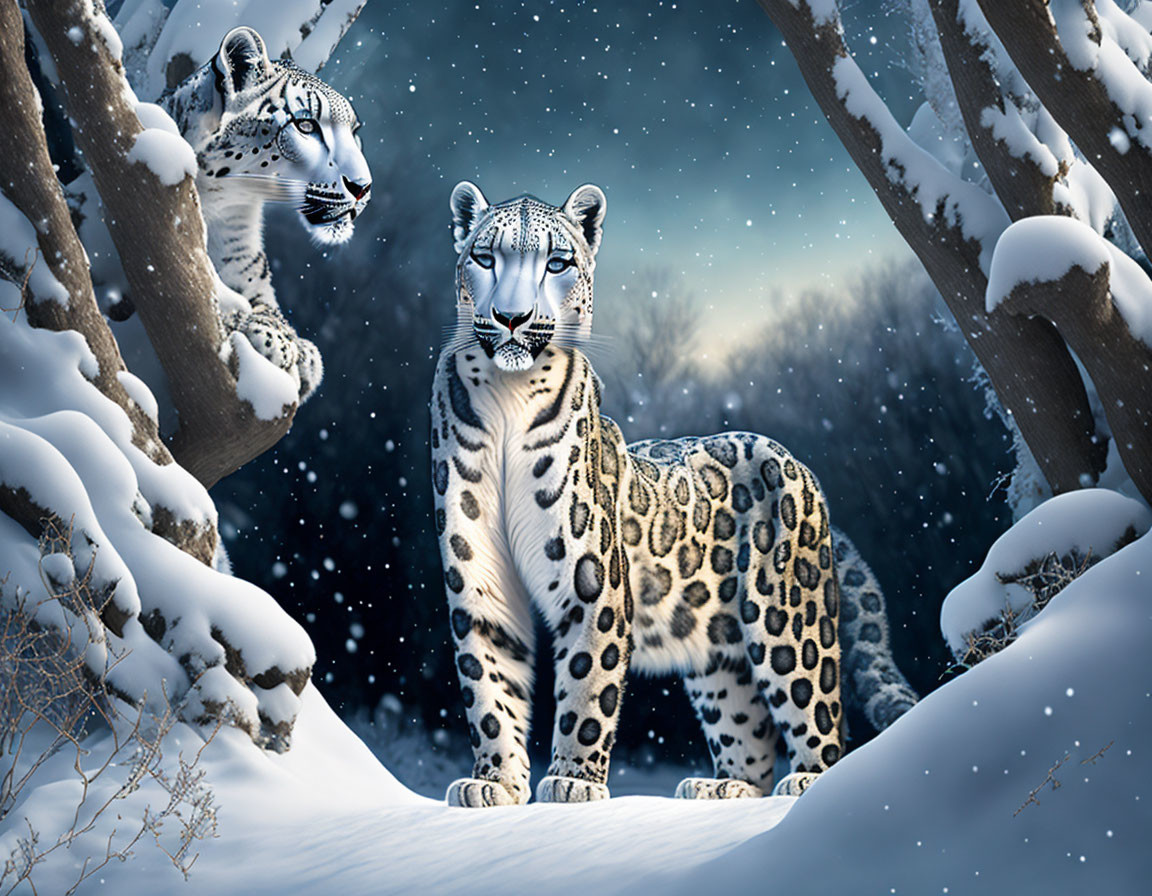 Snow leopards in snowy landscape with falling snowflakes