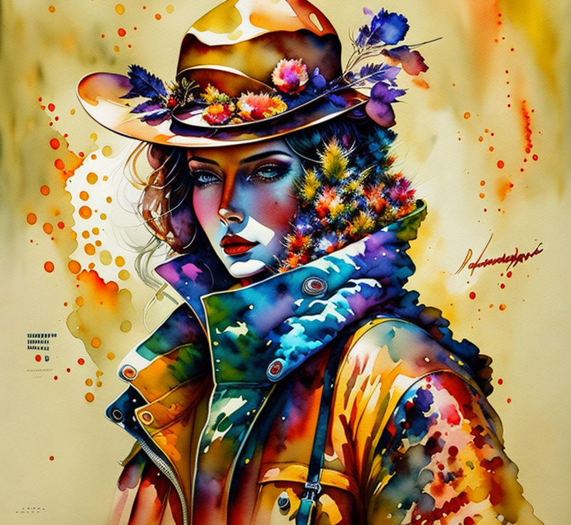 Vibrant watercolor portrait of stylish woman with floral hat