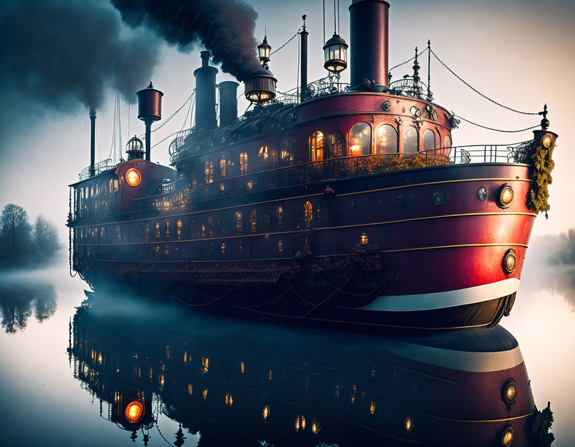 Vintage steamboat with lit lamps and billowing smokestacks on misty waterway