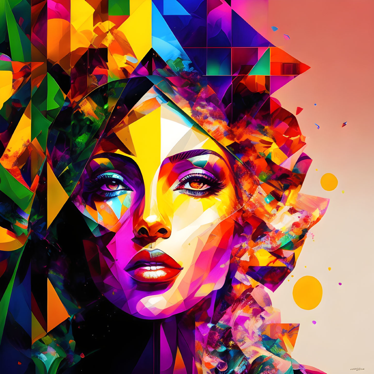 Vivid geometric abstract portrait with colorful triangles.