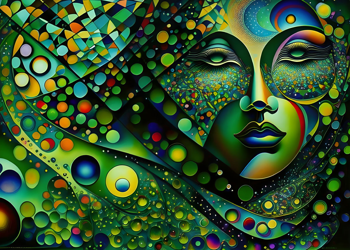 Vibrant abstract art: cosmic face with geometric patterns