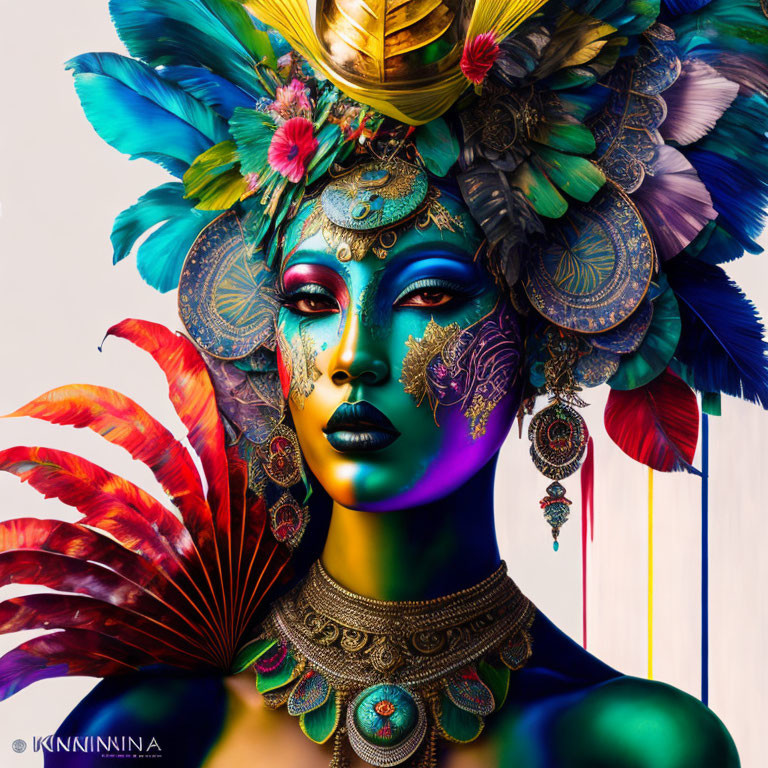 Vibrant portrait of person with blue and gold makeup and ornate headdress