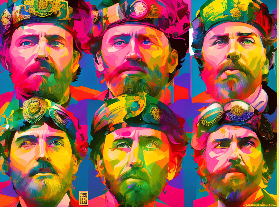 Colorful Pop Art Collage of Bearded Man in Six Poses