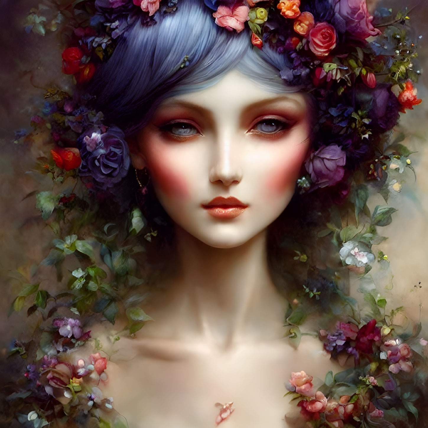 Fantasy portrait of woman with floral wreath and pastel flowers.