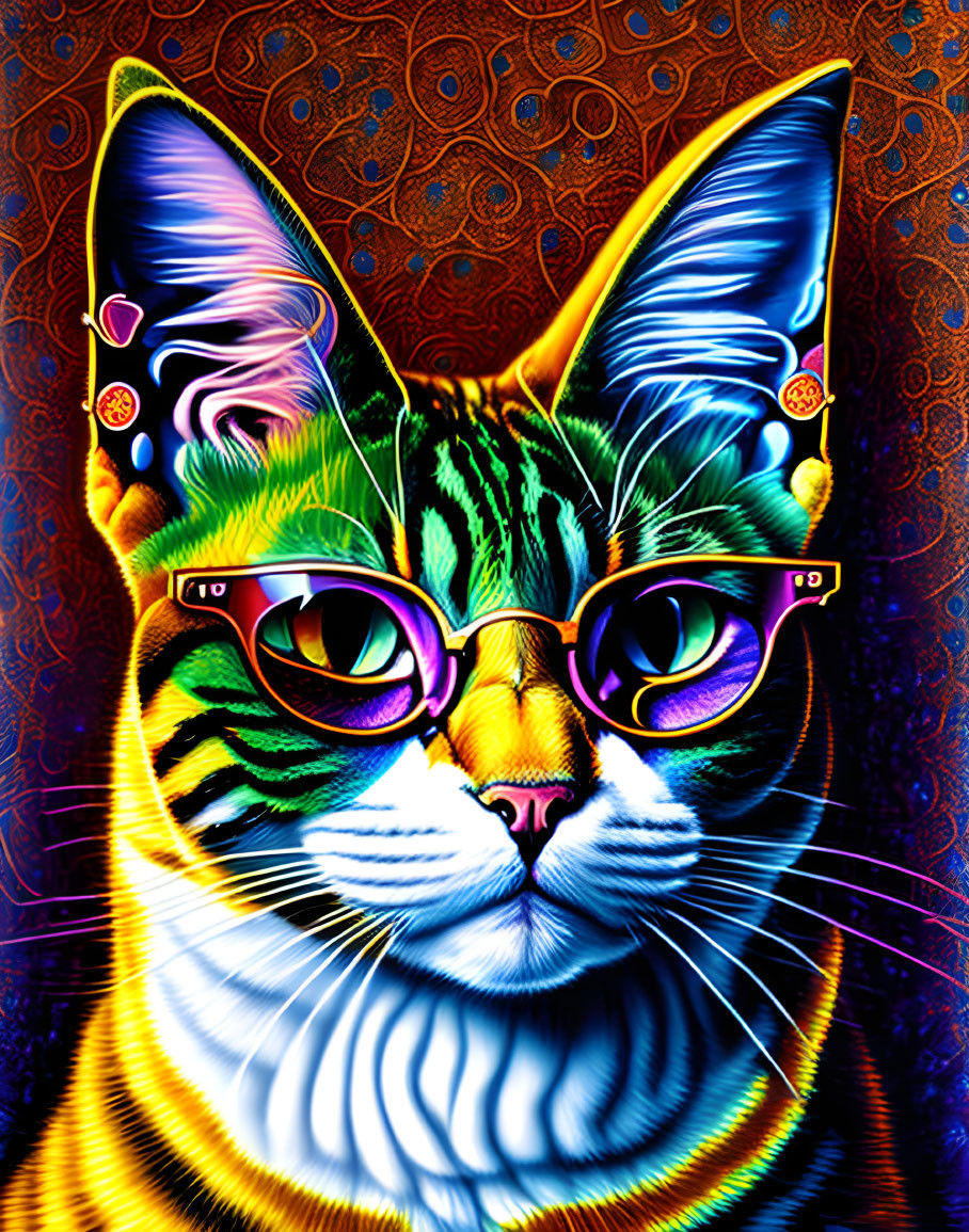 Colorful Psychedelic Cat Artwork with Round Glasses & Intricate Background