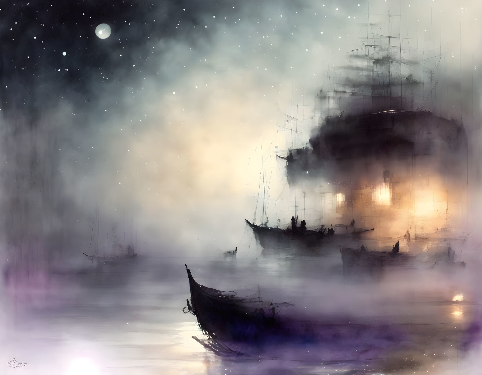 Ghostly sailing ships in misty maritime scene with glowing lights on water under starlit sky