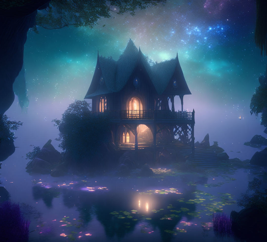 Mystical house on islet under starry sky with glowing windows