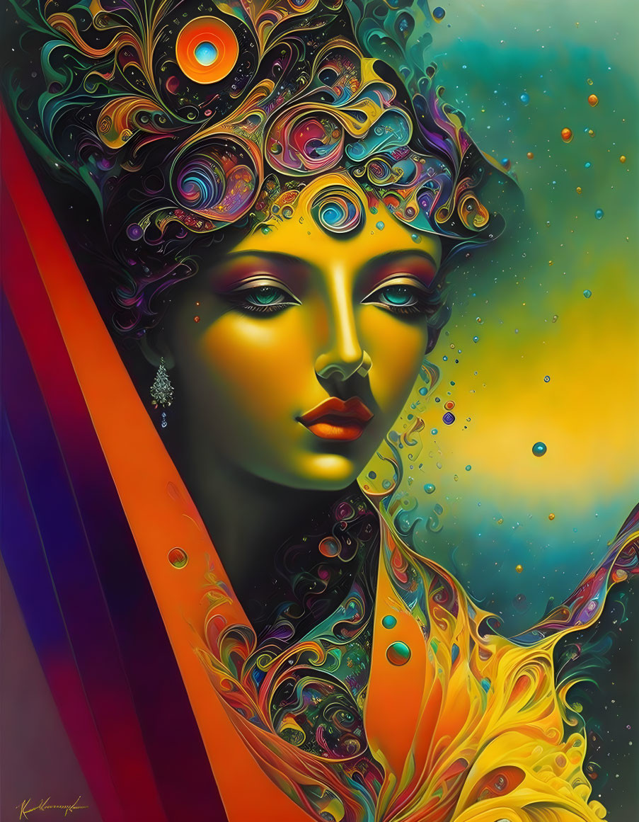 Colorful portrait of woman with ornate headwear against cosmic background