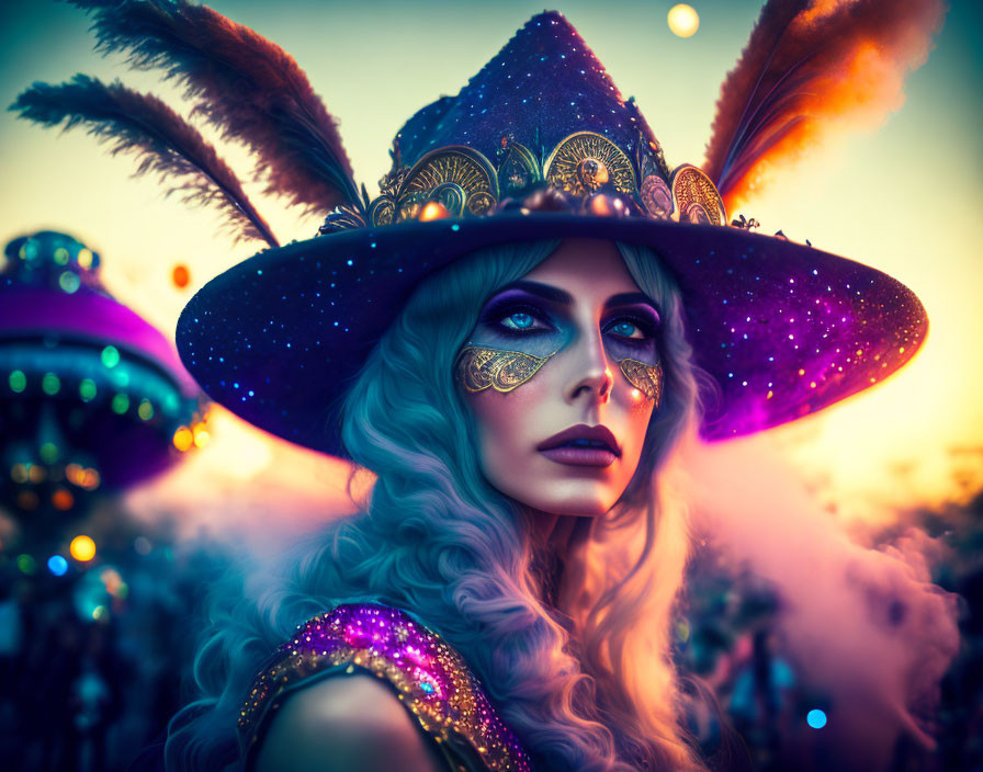 Woman with Dramatic Makeup and Purple Feathered Hat in Carnival Scene