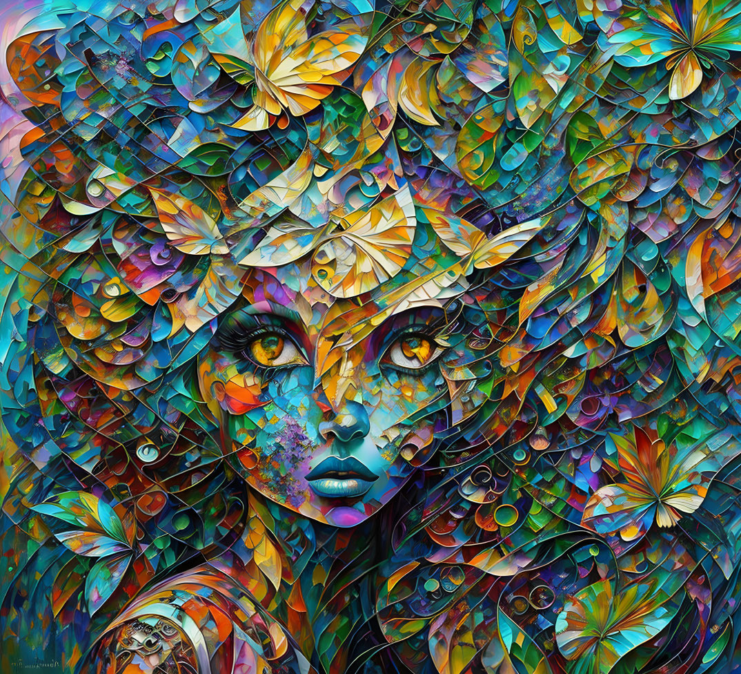 Vibrant woman's face with butterfly motifs in intricate artwork