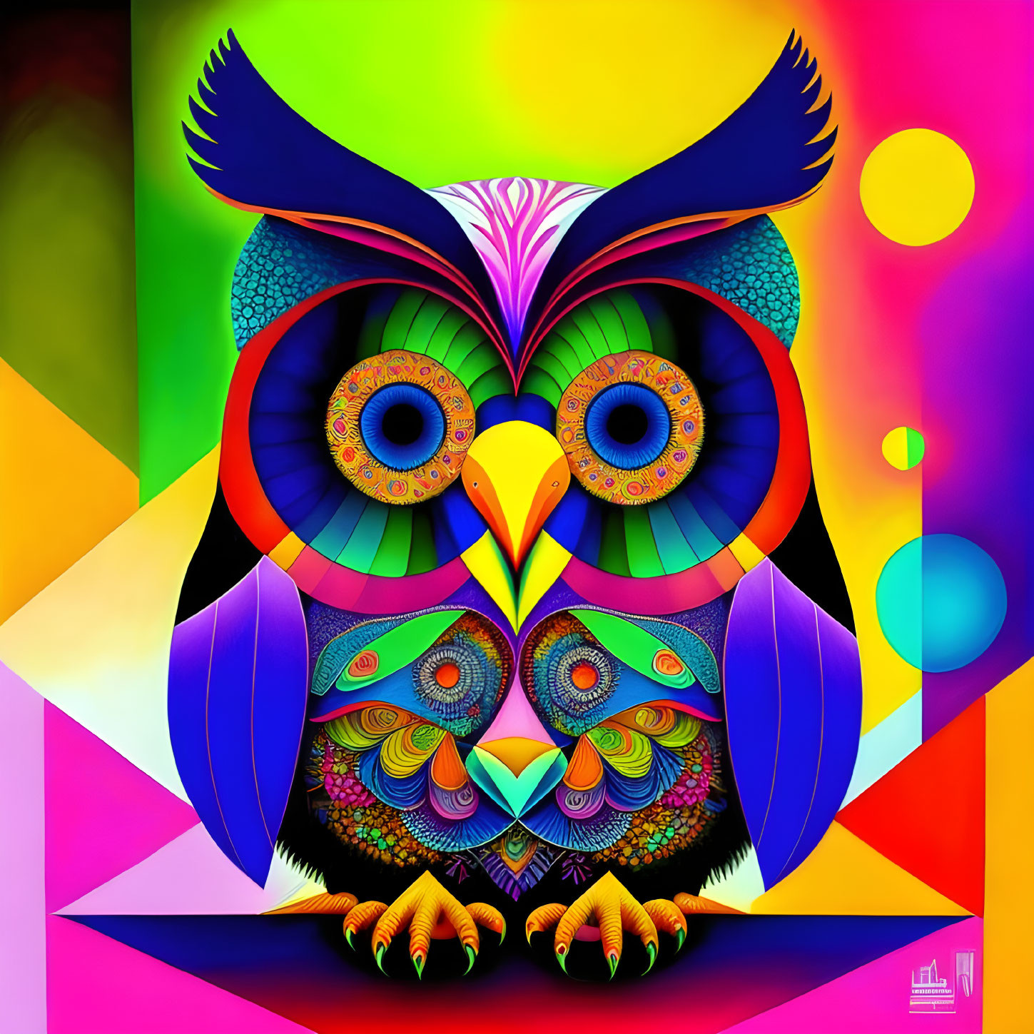 Colorful Owl Artwork with Geometric Rainbow Background